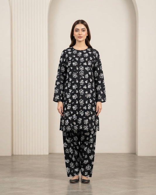 Summer Dynasty Printed 2Pc Cotton – Black & White Floral
