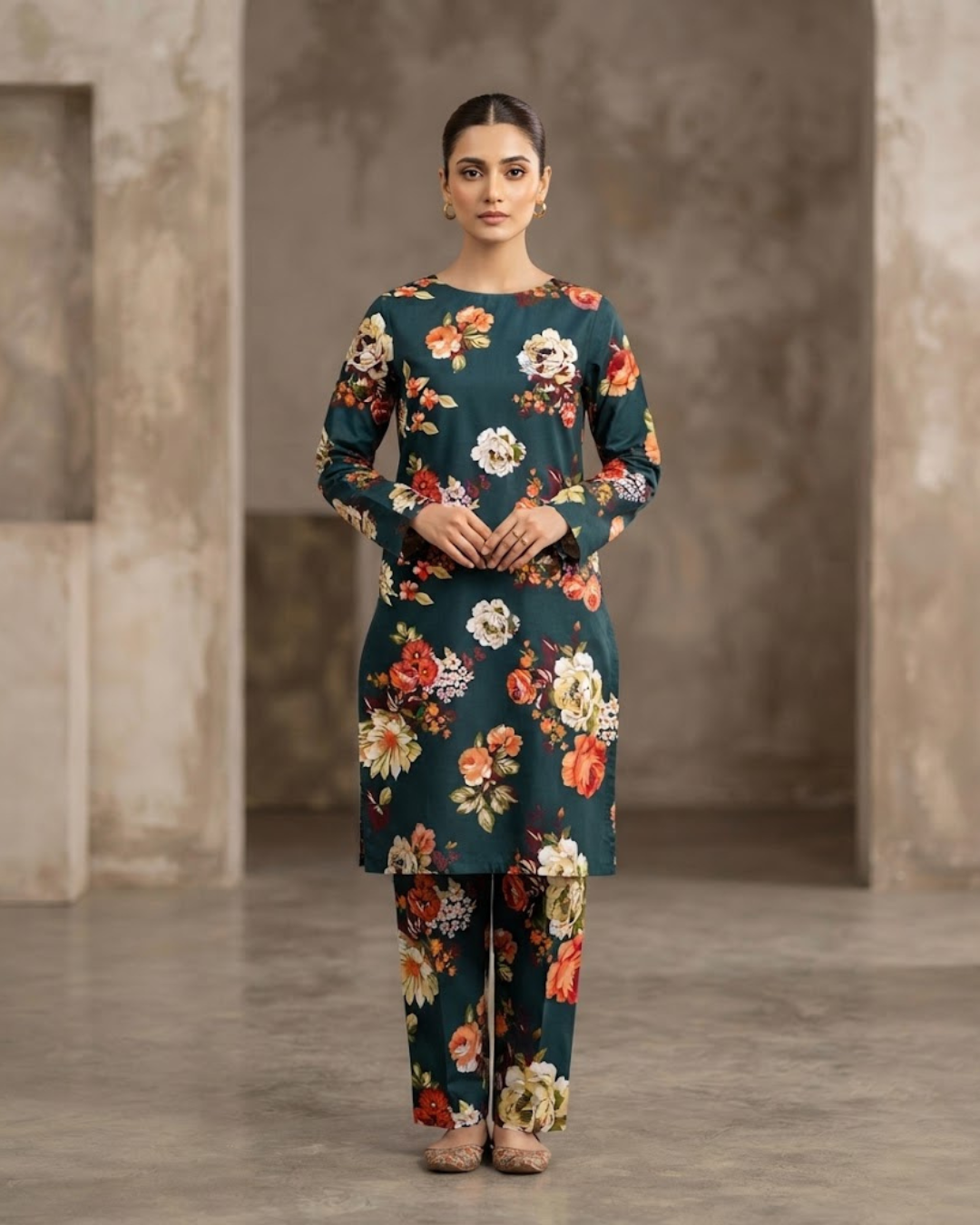 Summer Dynasty Printed 2Pc Cotton – Dark Green Floral