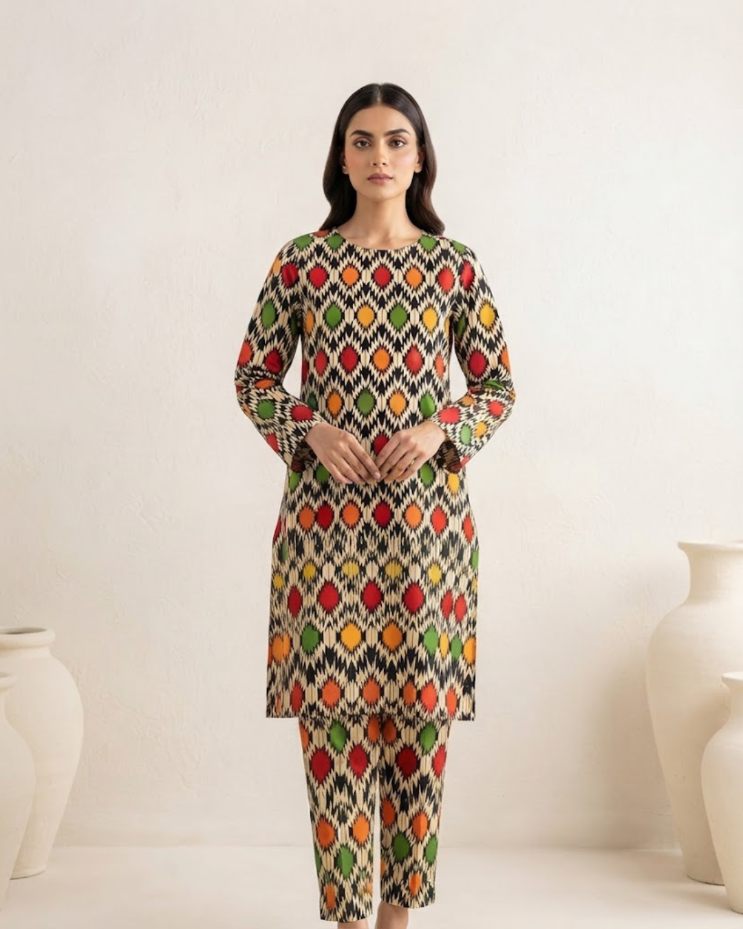 Summer Dynasty Printed 2Pc Cotton – Black & Multi-Color