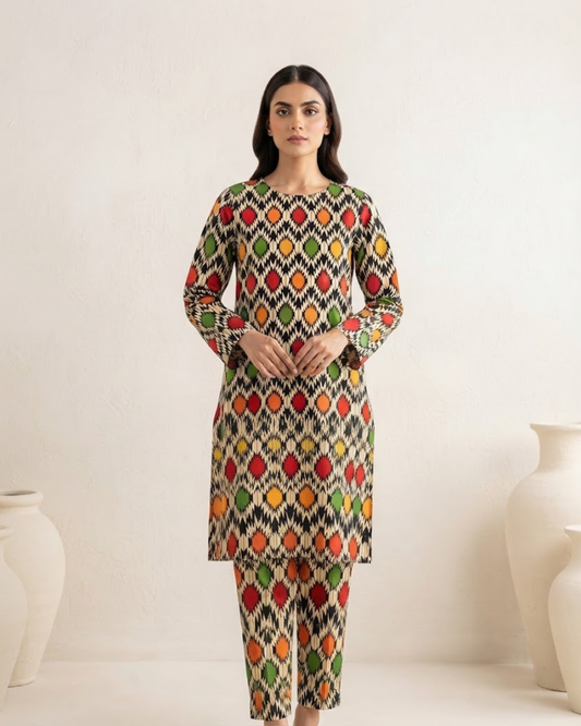 Winter Dynasty Printed 2Pc Cotton – Black & Multi-Color