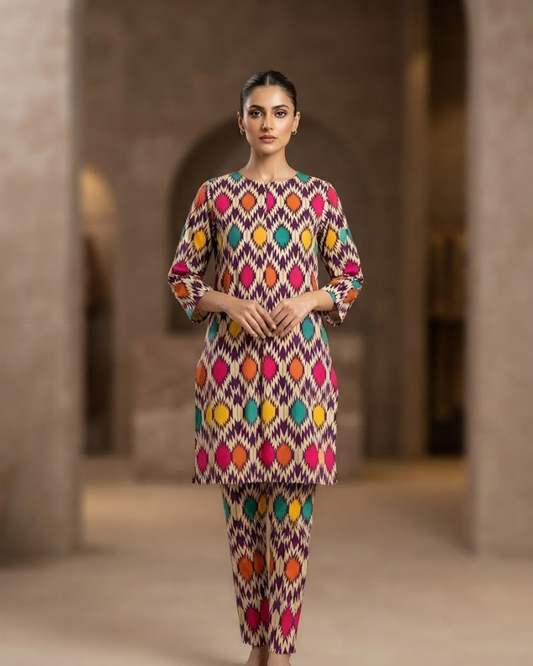 Winter Dynasty Printed 2Pc Cotton – Purple & Multi-Color