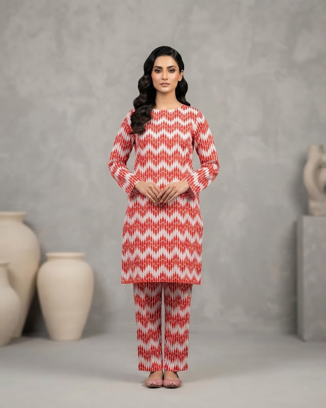 Summer Dynasty Printed 2Pc Cotton – Red & White
