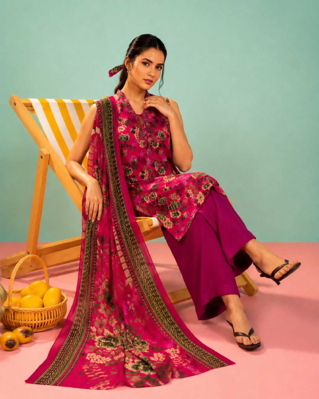 3-Piece Printed Linen Winter – Dark Pink Floral
