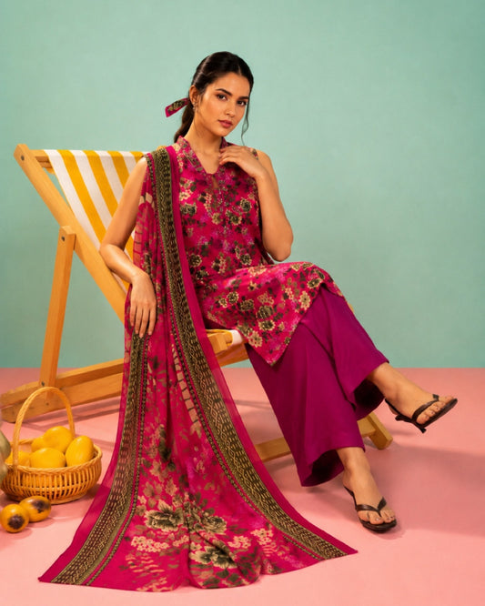3-Piece Printed Linen Winter – Dark Pink Floral