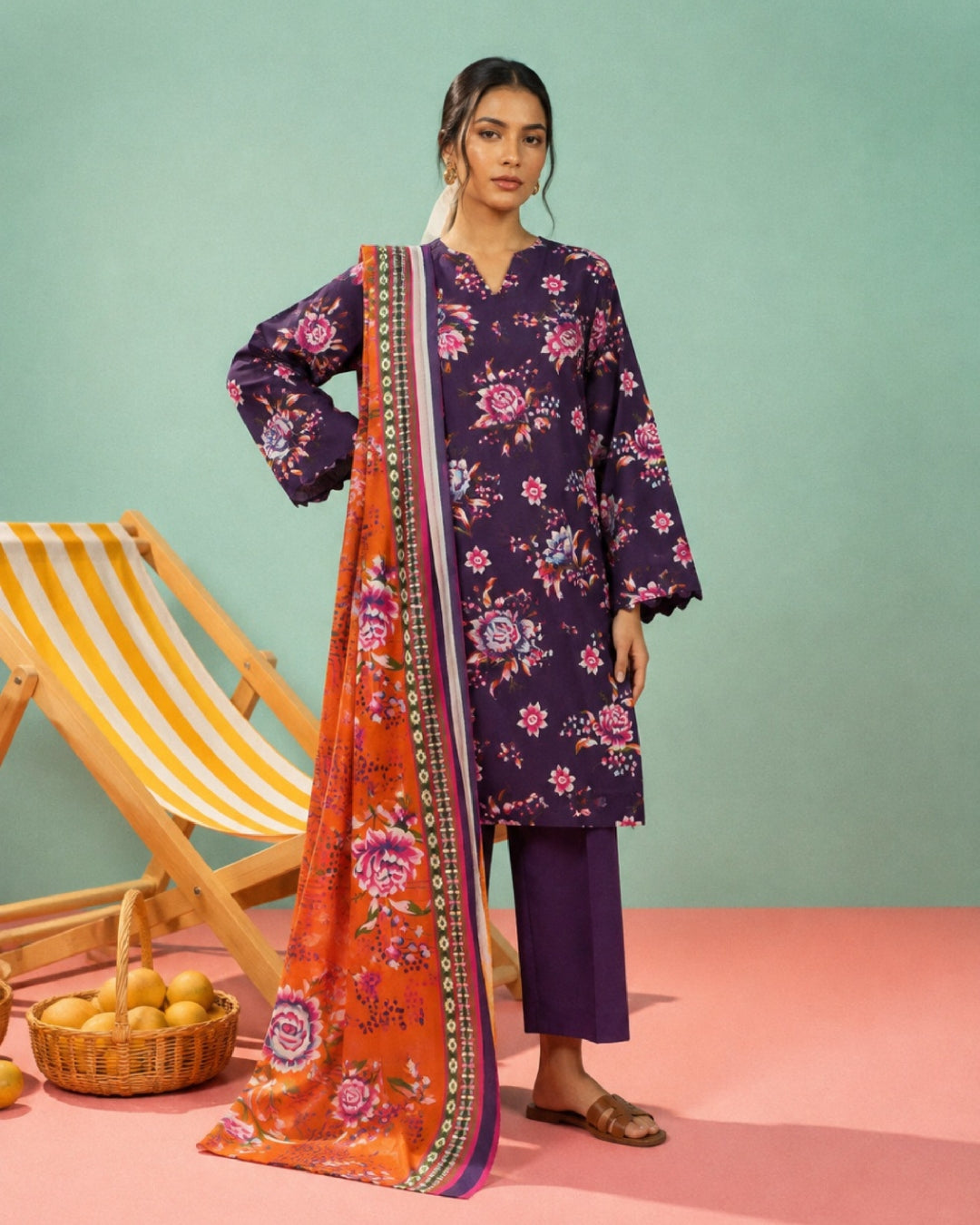 3-Piece Printed Linen Winter – Purple Pink Floral