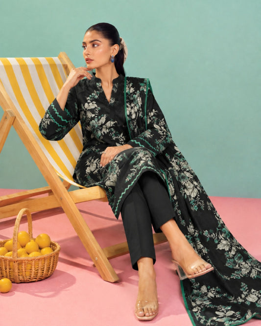 3-Piece Printed Linen Winter – Black Grey Floral