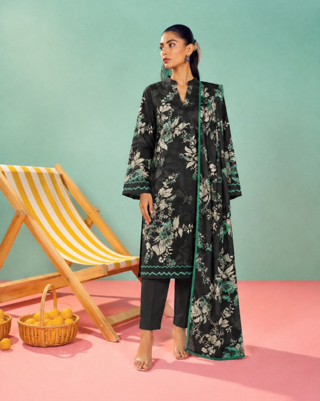 3-Piece Printed Linen Winter – Black Grey Floral
