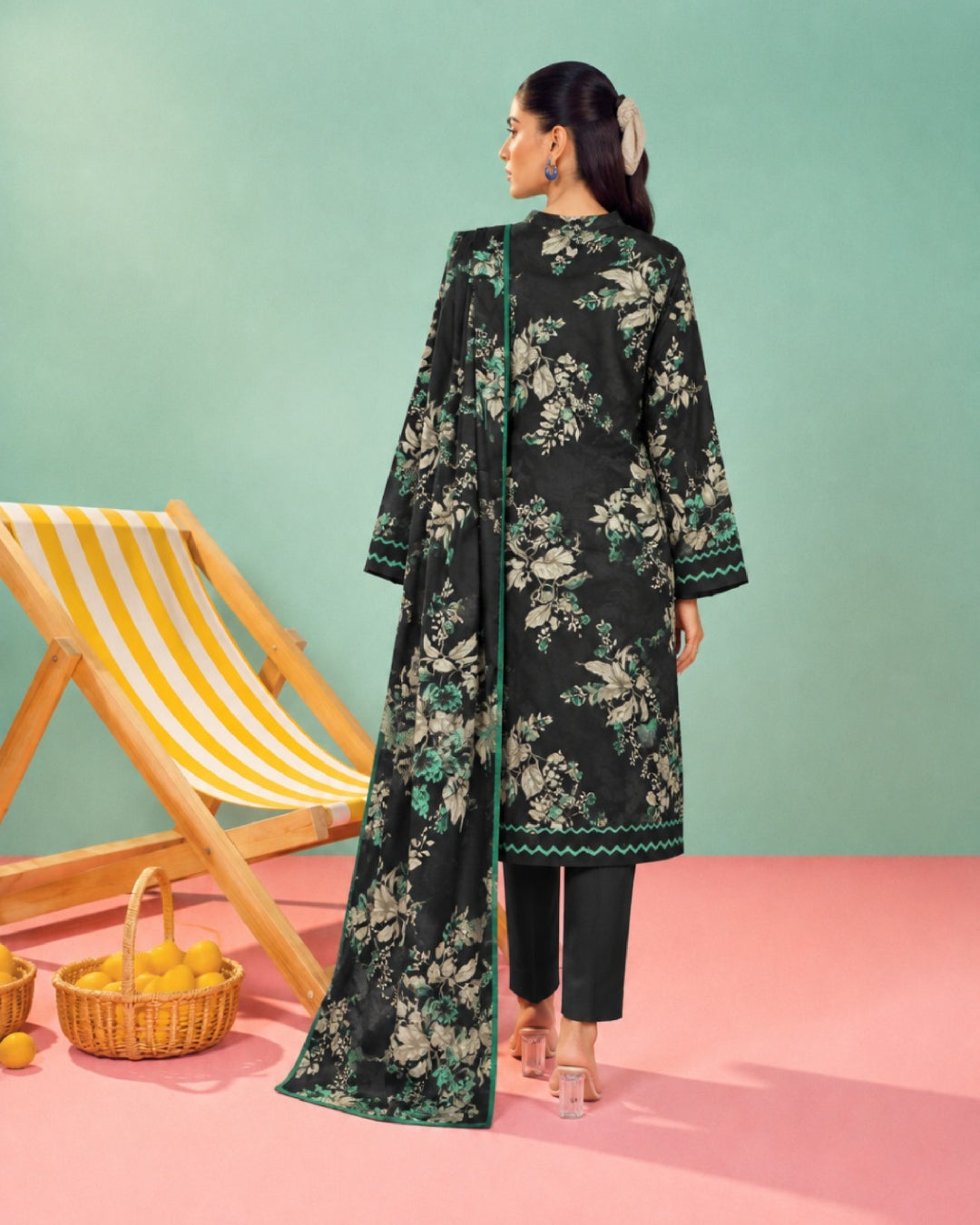 3-Piece Printed Linen Winter – Black Grey Floral