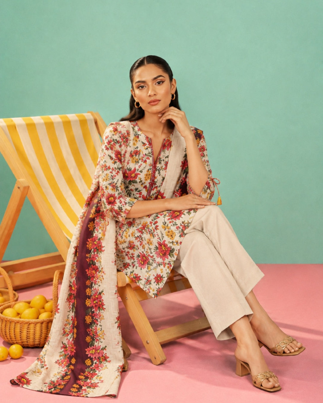 3-Piece Printed Linen Winter – Off-White Red Floral
