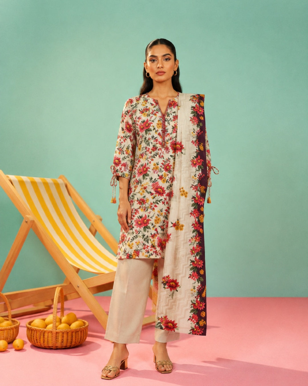 3-Piece Printed Linen Winter – Off-White Red Floral