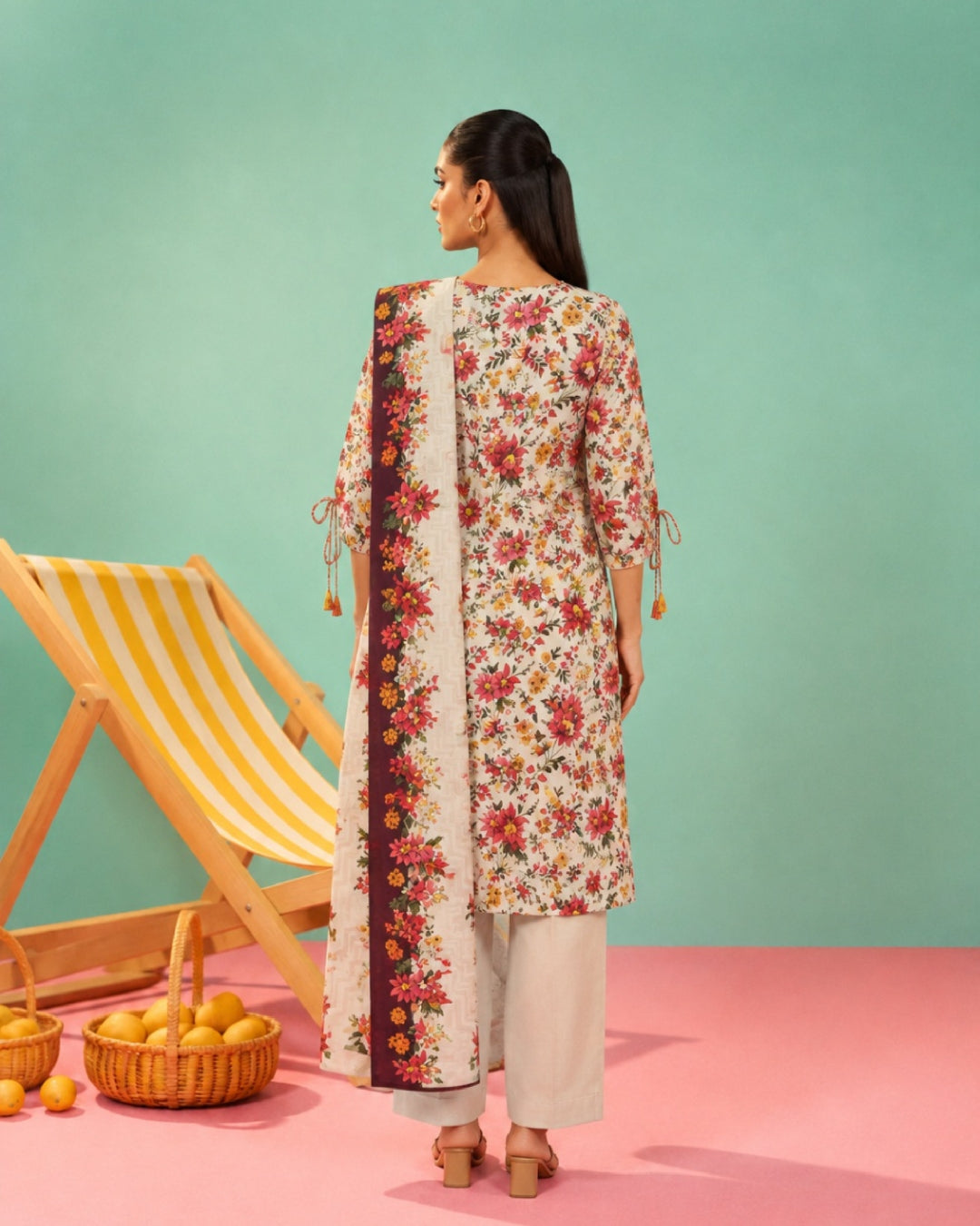 3-Piece Printed Linen Winter – Off-White Red Floral