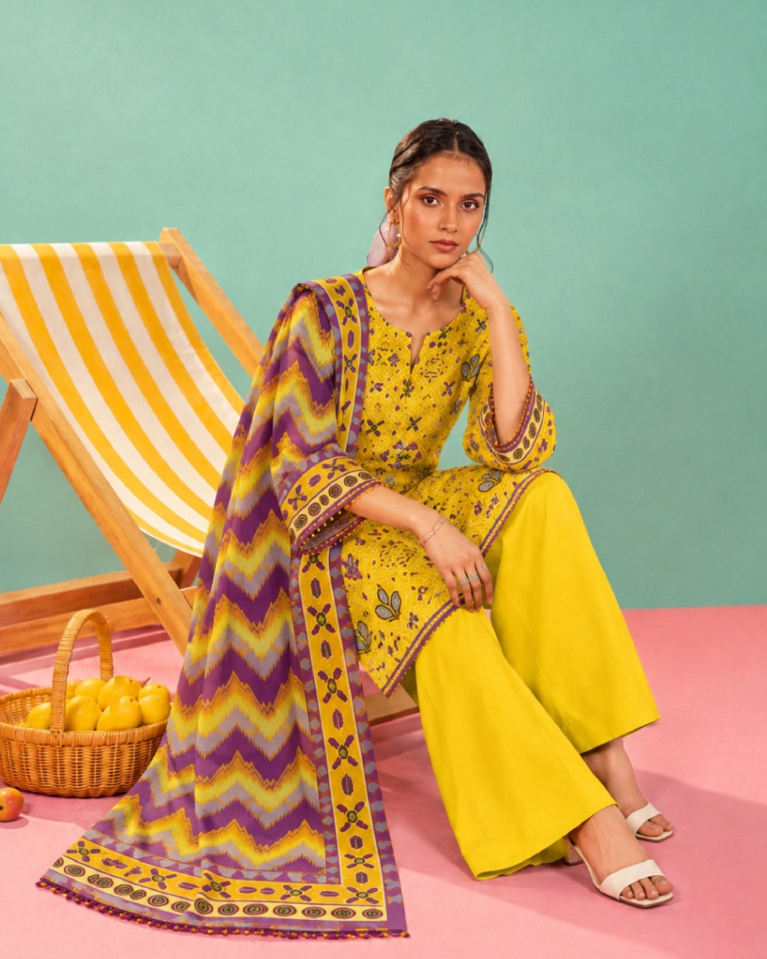 3-Piece Printed Linen Winter – Mustard Purple Pattern