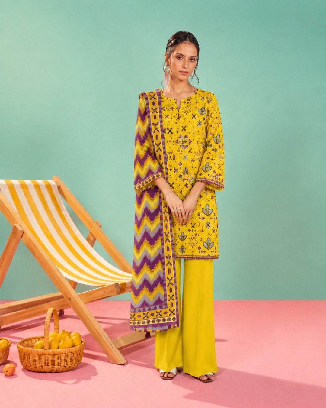 3-Piece Printed Linen Winter – Mustard Purple Pattern