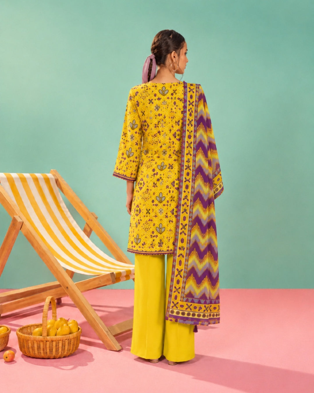 3-Piece Printed Linen Winter – Mustard Purple Pattern