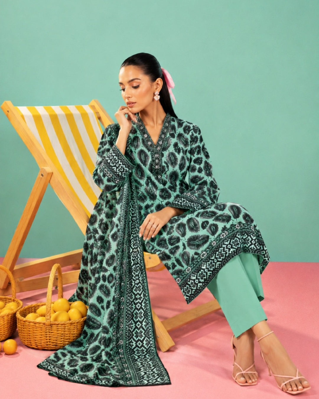 3-Piece Printed Linen Winter – Teal Black Leaf