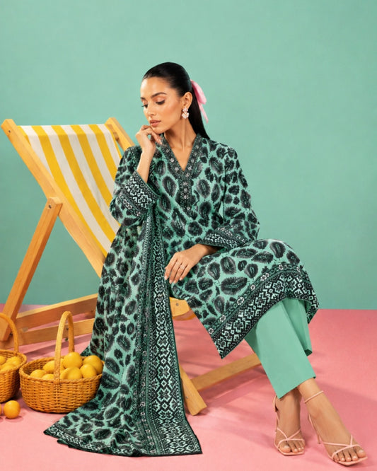 3-Piece Printed Linen Winter – Teal Black Leaf