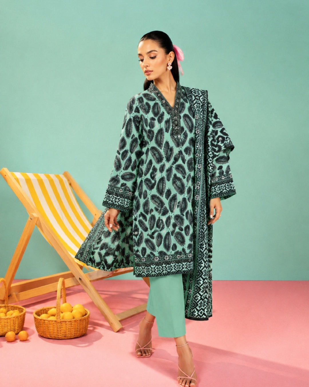 3-Piece Printed Linen Winter – Teal Black Leaf