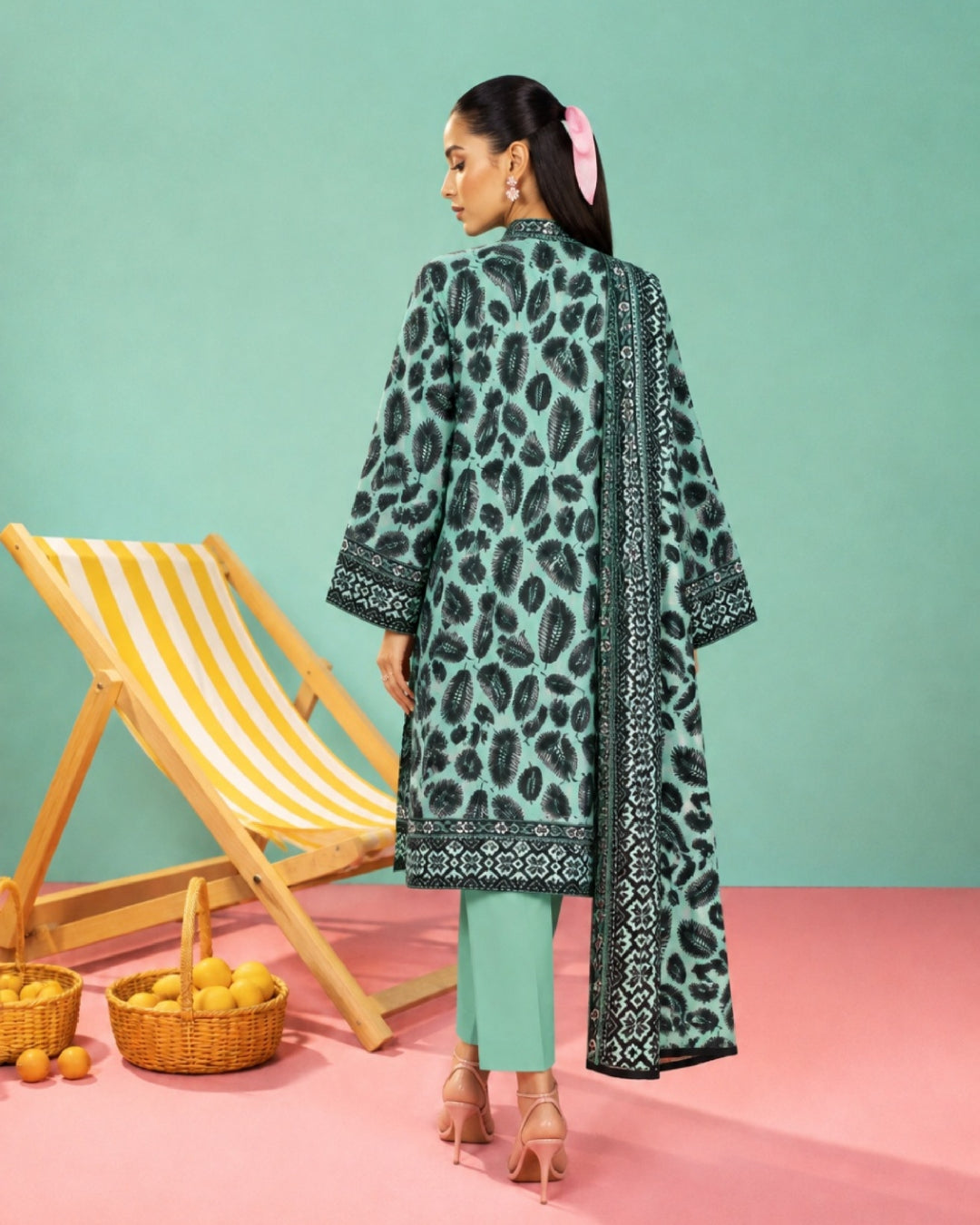 3-Piece Printed Linen Winter – Teal Black Leaf