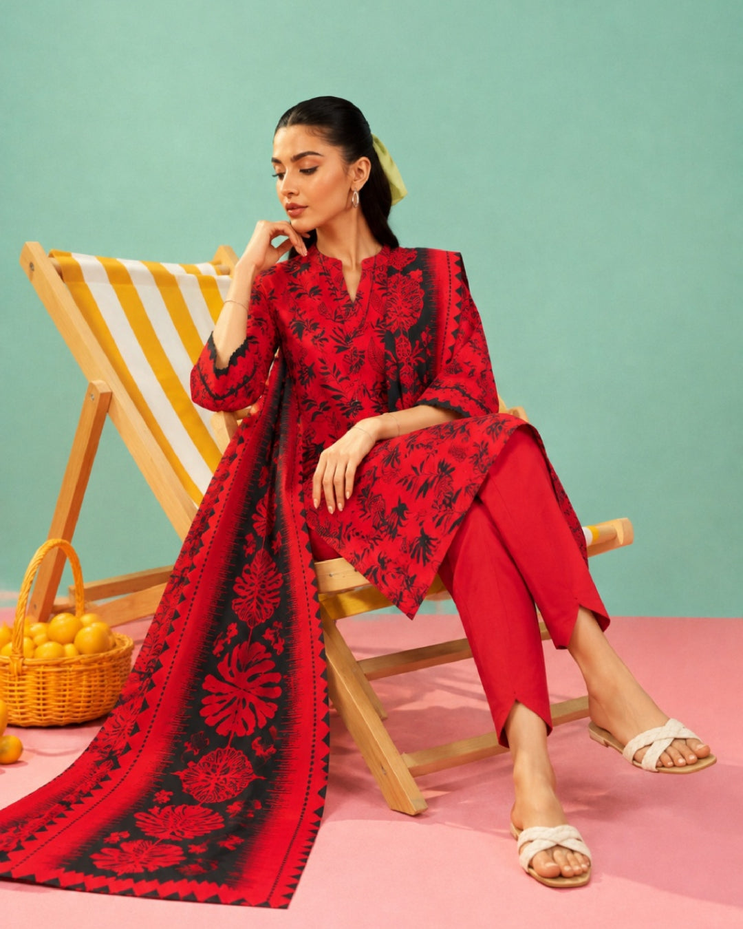 3-Piece Printed Linen Winter – Red Black Floral