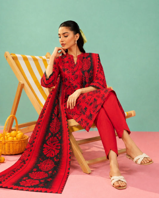 3-Piece Printed Linen Winter – Red Black Floral