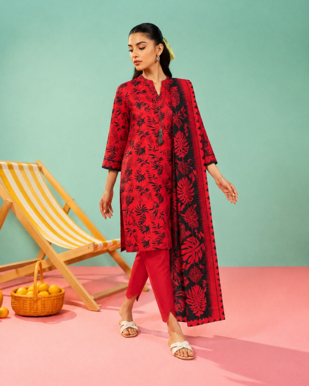 3-Piece Printed Linen Winter – Red Black Floral