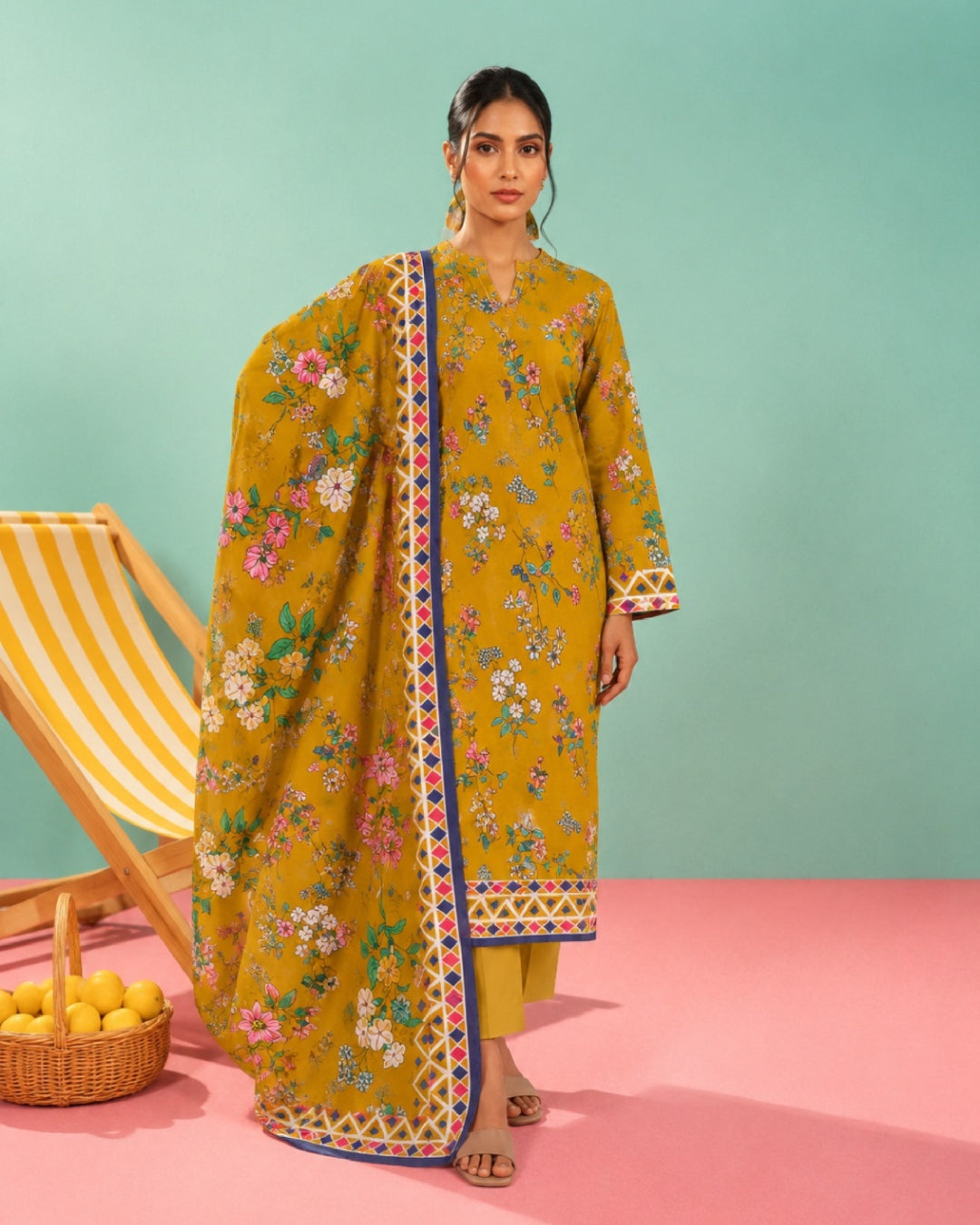3-Piece Printed Linen Winter – Mustard Floral