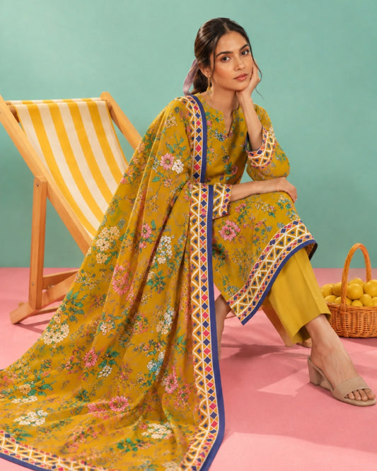 3-Piece Printed Linen Winter – Mustard Floral