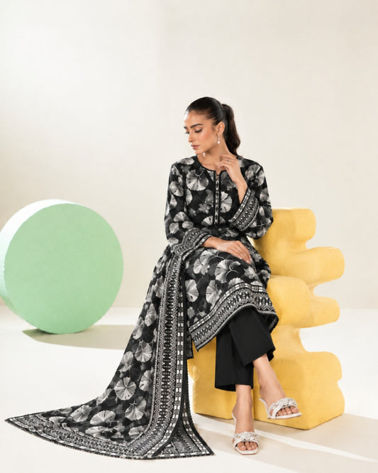3-Piece Printed Linen Winter – Black White Leaf