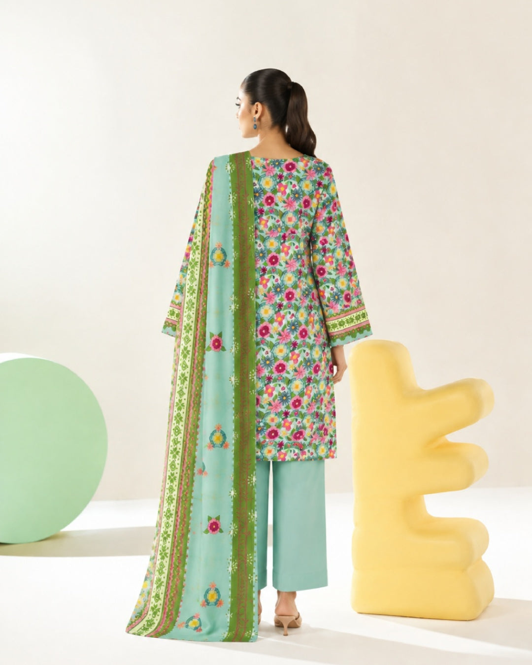 3-Piece Printed Linen Winter – Teal Multi Floral
