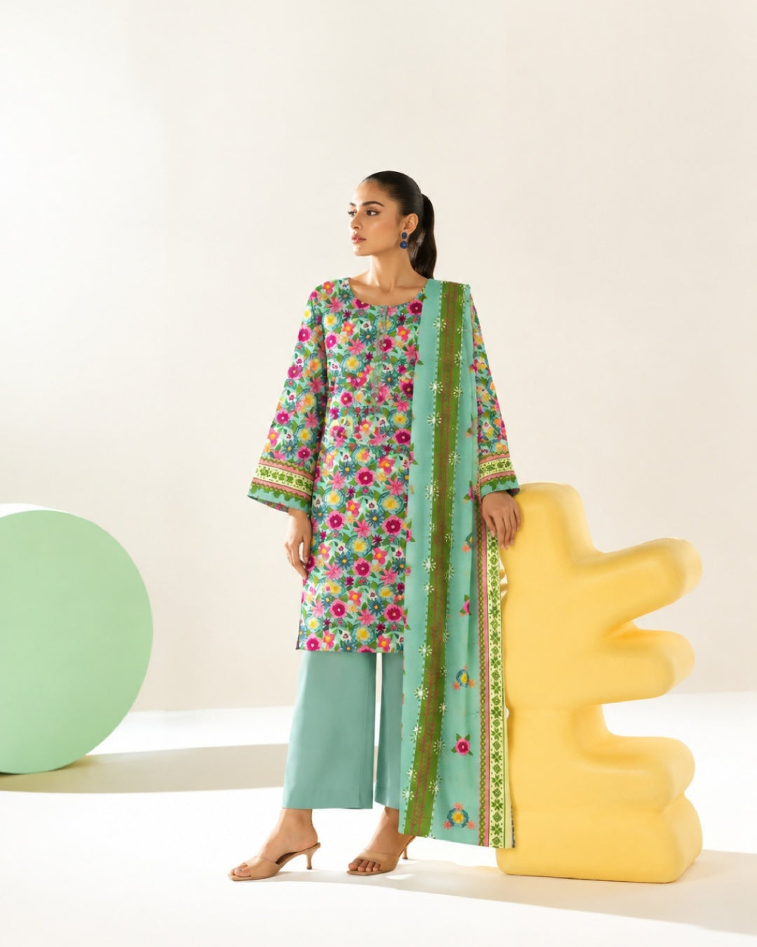 3-Piece Printed Linen Winter – Teal Multi Floral