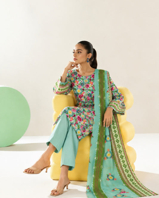 3-Piece Printed Linen Winter – Teal Multi Floral