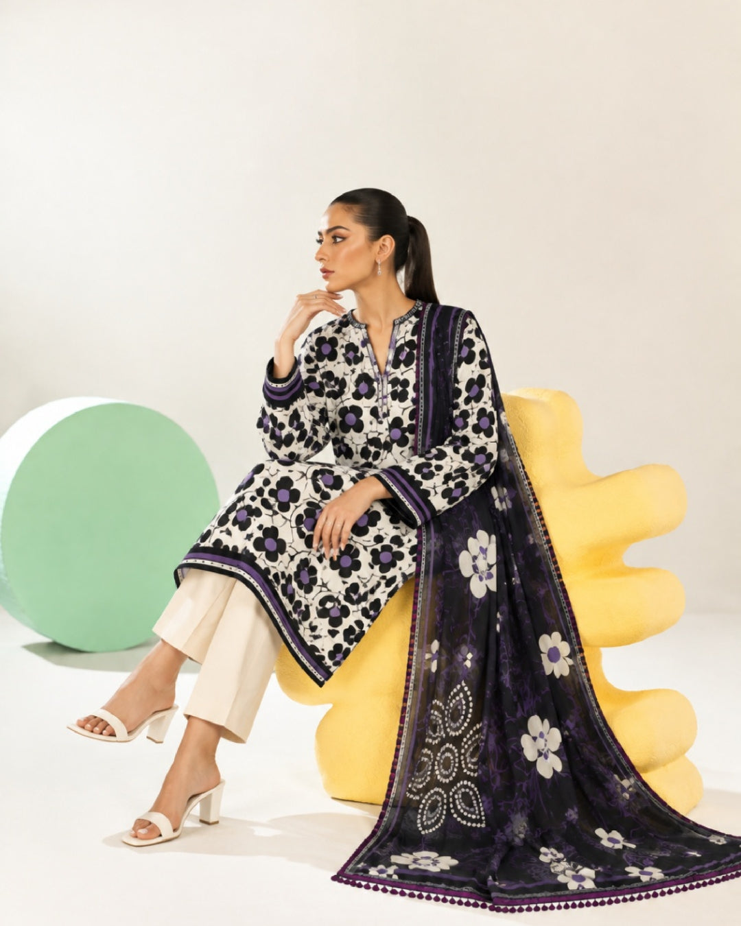 3-Piece Printed Linen Winter – Off-White Purple Floral
