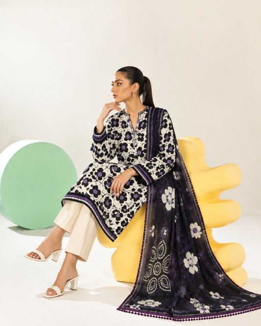 3-Piece Printed Linen Winter – Off-White Purple Floral