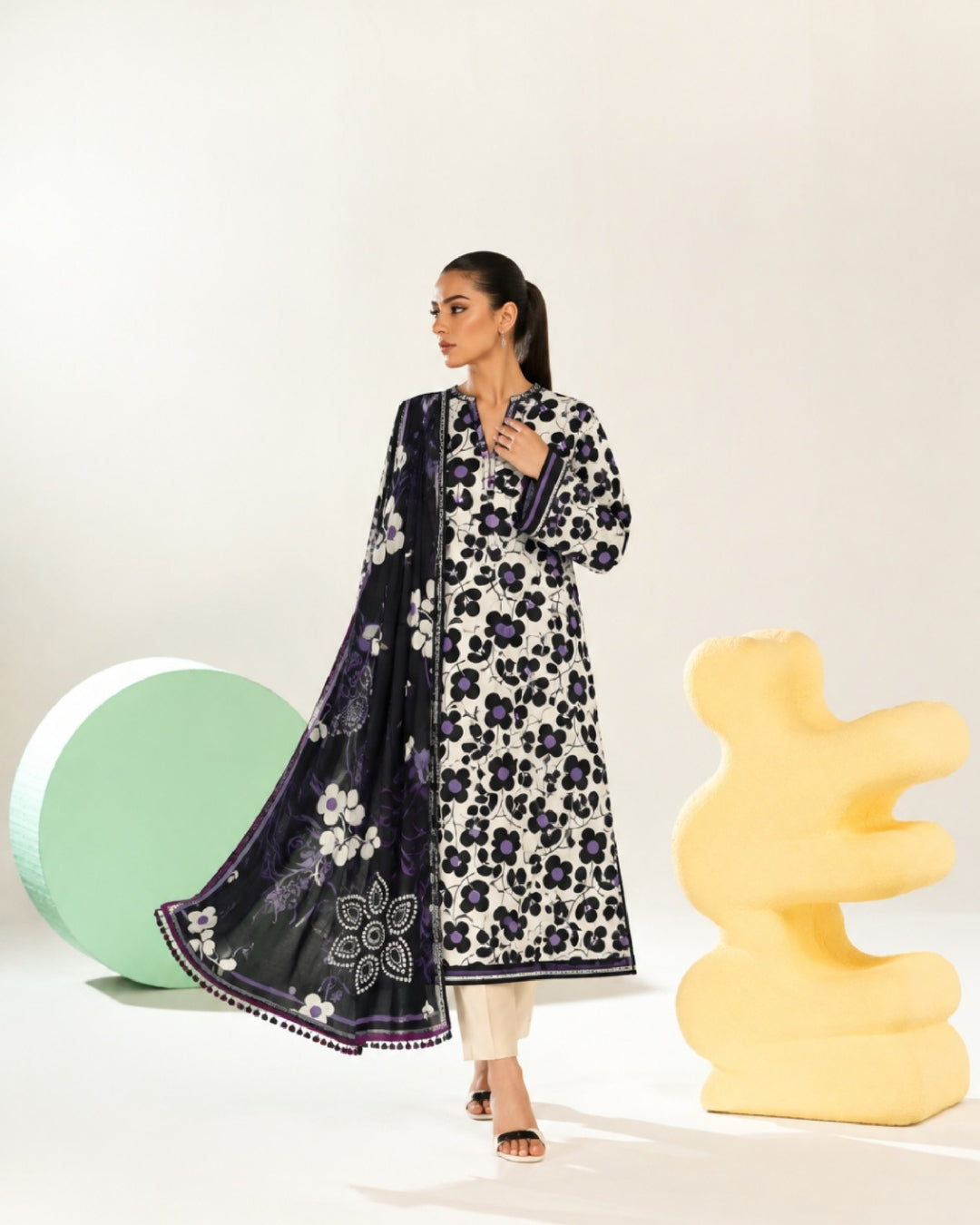 3-Piece Printed Linen Winter – Off-White Purple Floral