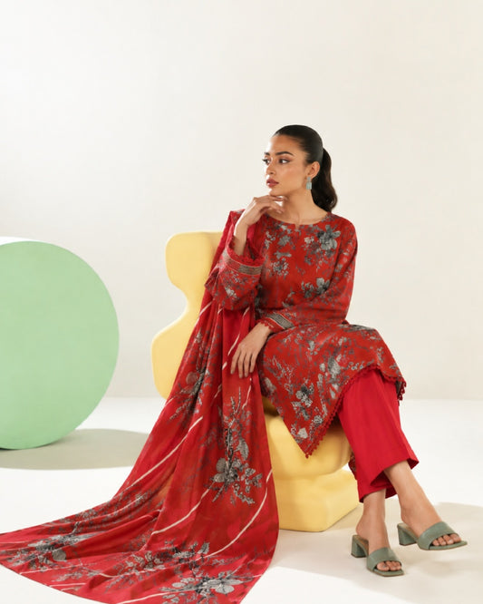 3-Piece Printed Linen Winter – Red Grey Floral