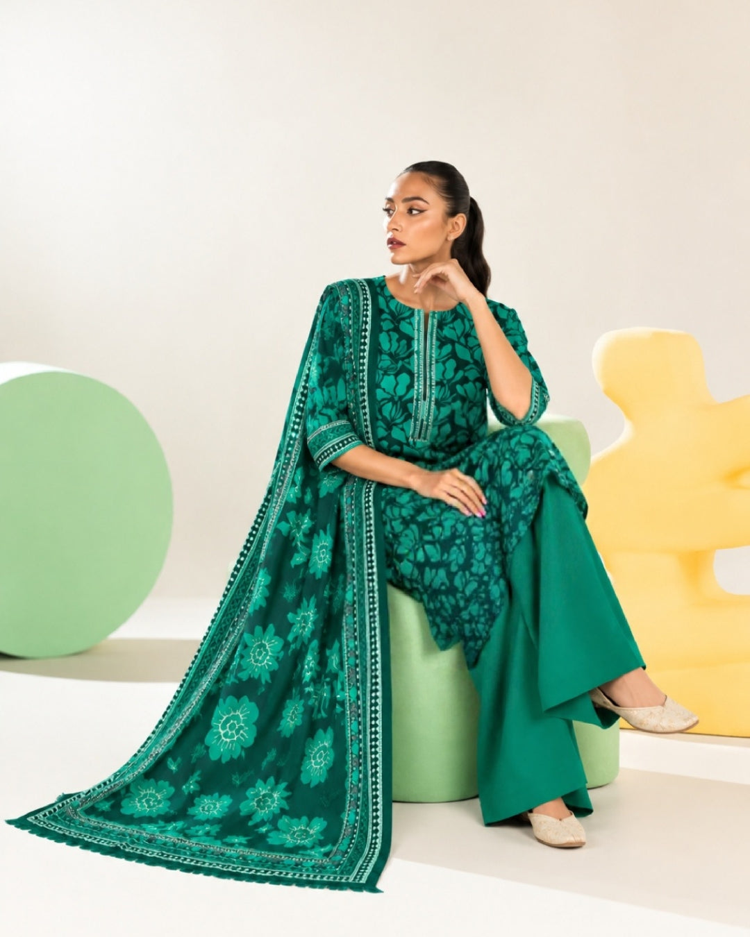 3-Piece Printed Linen Winter – Emerald Leaf