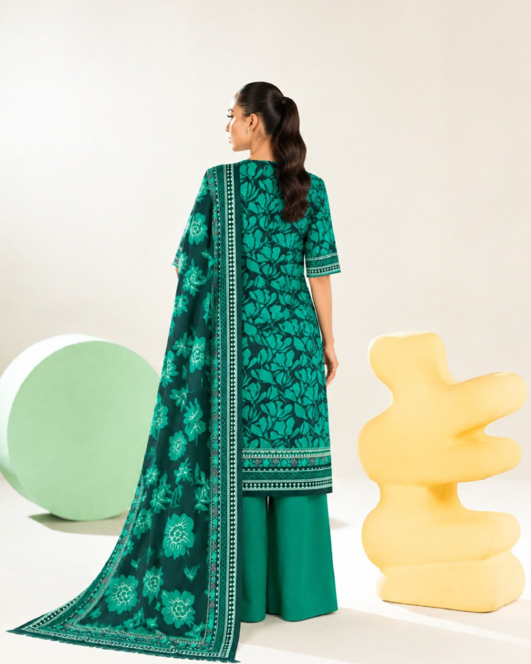 3-Piece Printed Linen Winter – Emerald Leaf