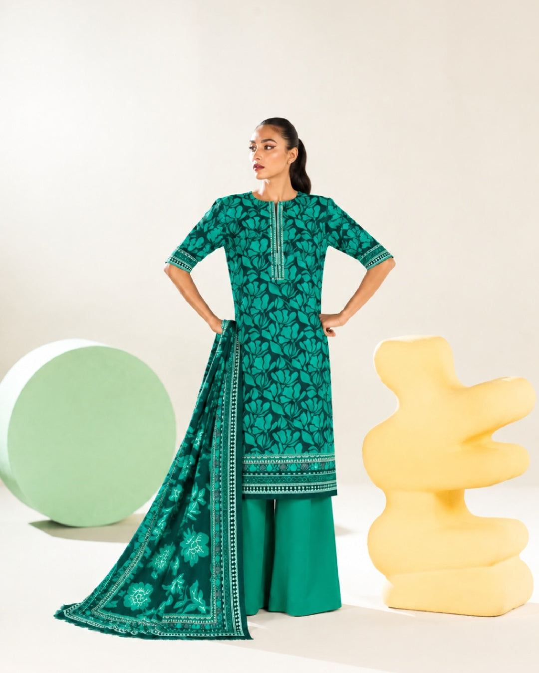 3-Piece Printed Linen Winter – Emerald Leaf