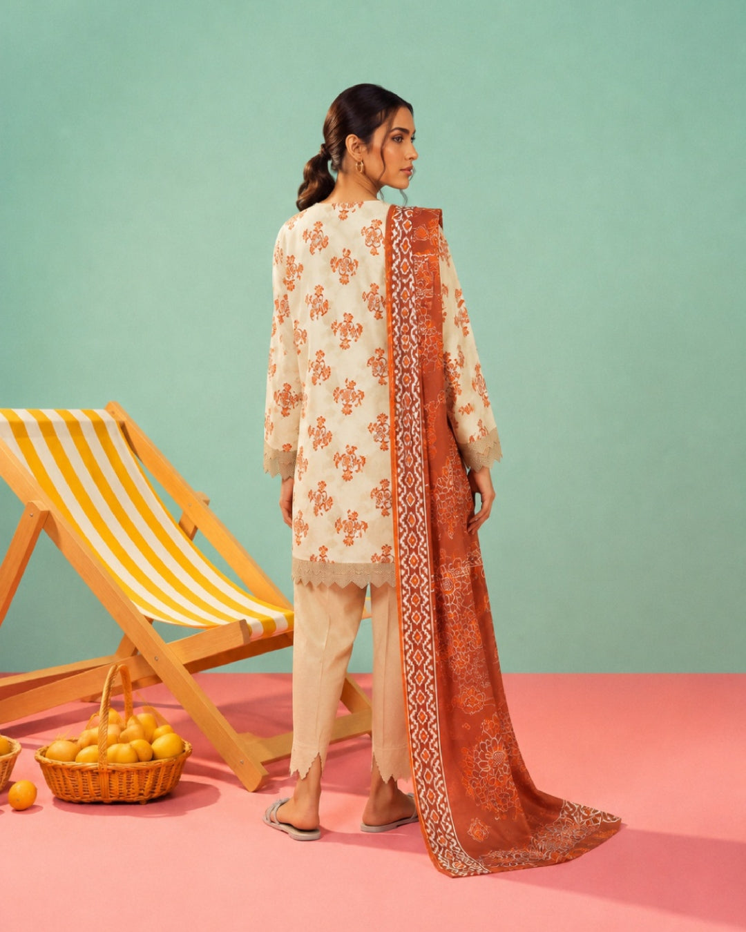 3-Piece Printed Linen Winter – Off-White Rust Floral