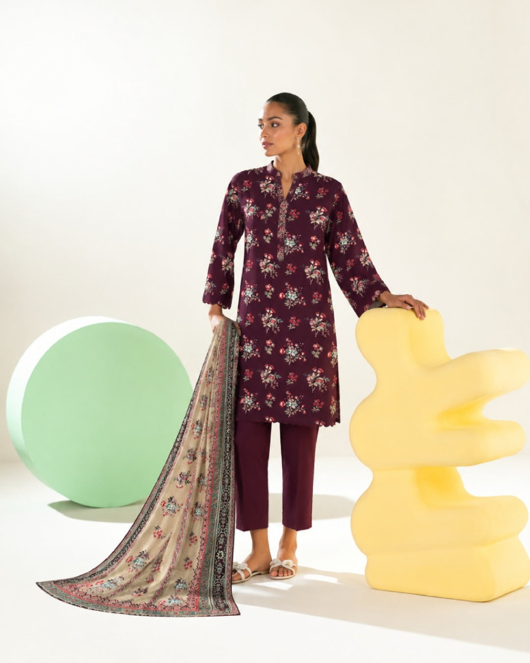 3-Piece Printed Linen Winter – Plum Floral