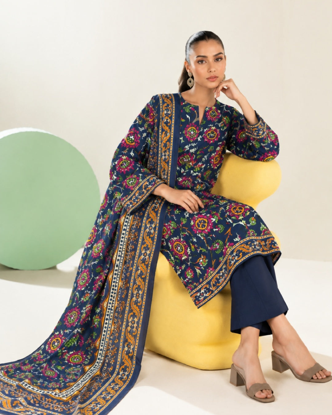 3-Piece Printed Linen Winter – Navy Multi Floral