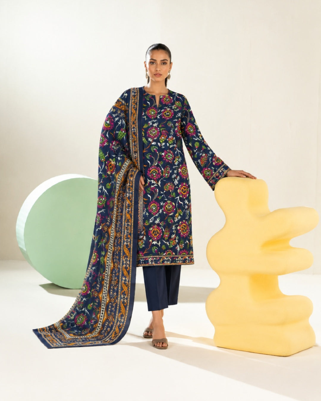 3-Piece Printed Linen Winter – Navy Multi Floral