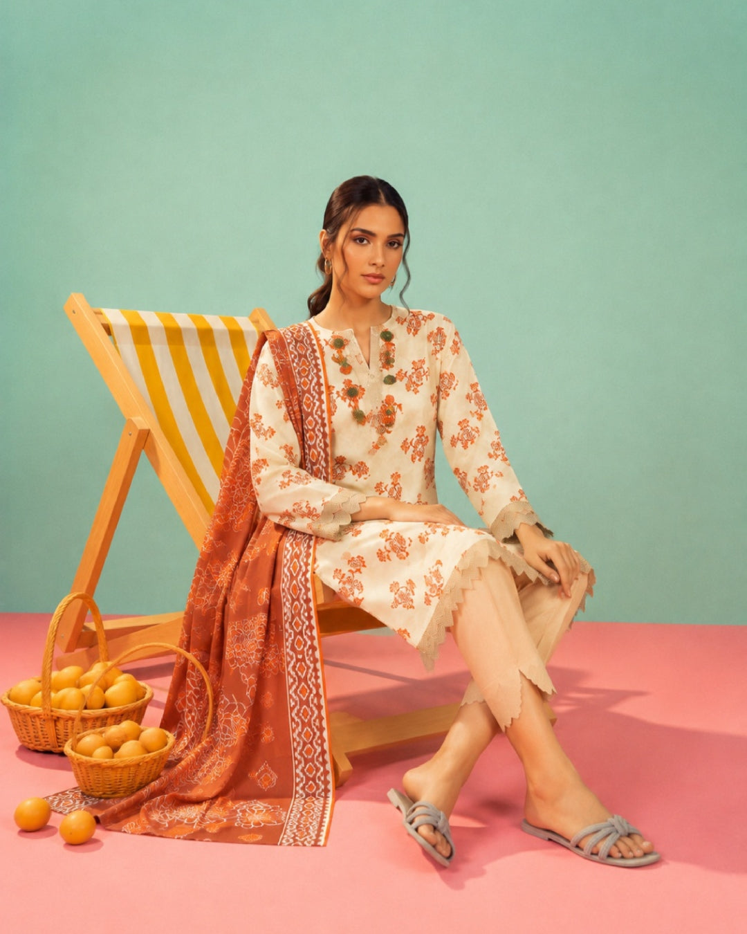 3-Piece Printed Linen Winter – Off-White Rust Floral