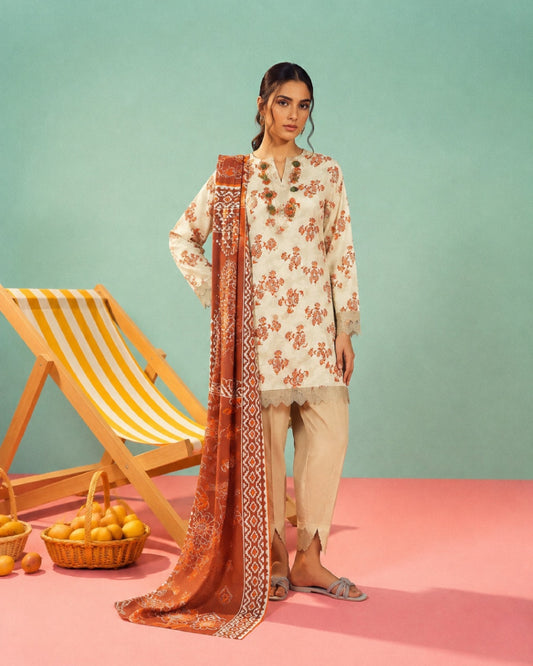 3-Piece Printed Linen Winter – Off-White Rust Floral