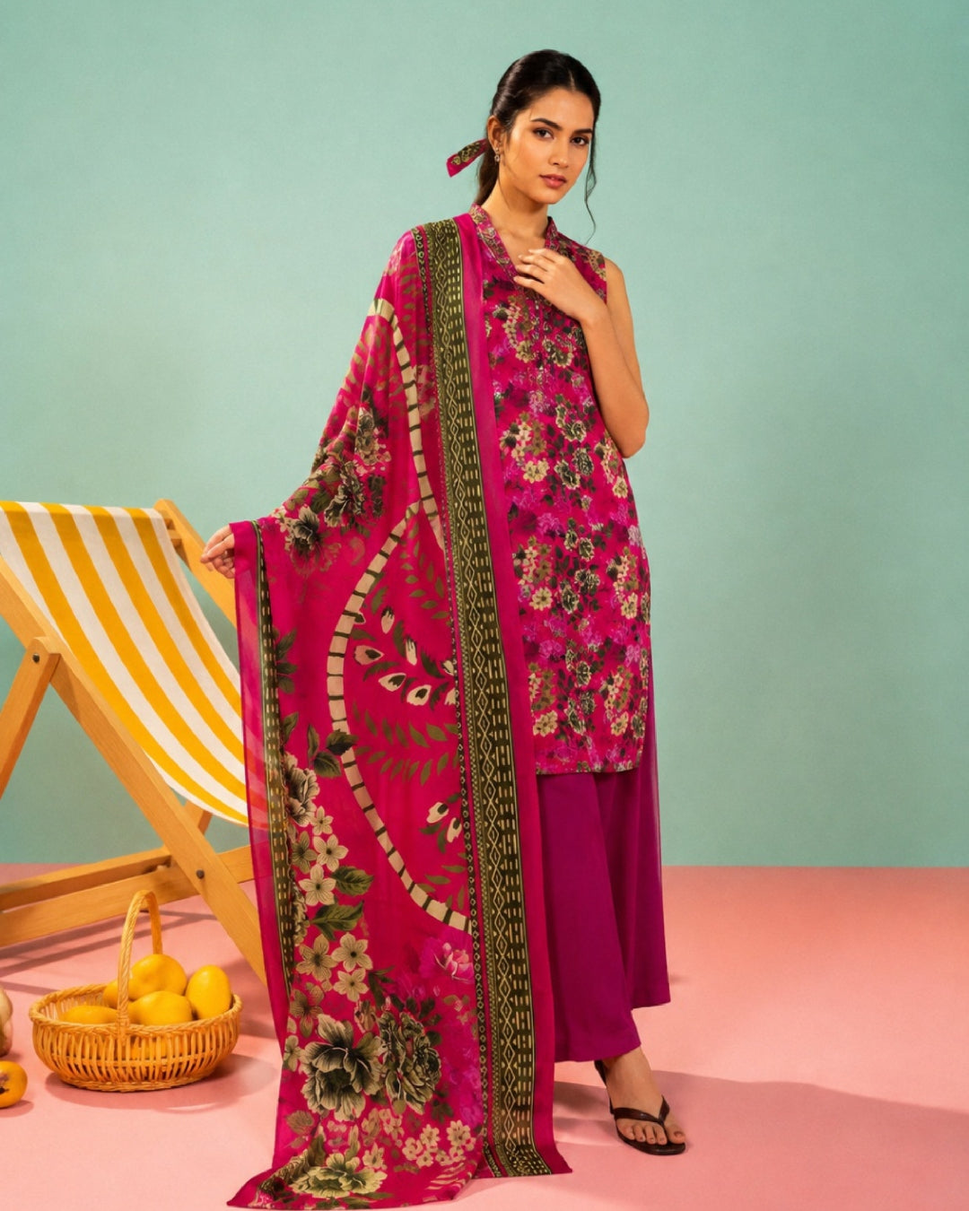 3-Piece Printed Linen Winter – Dark Pink Floral
