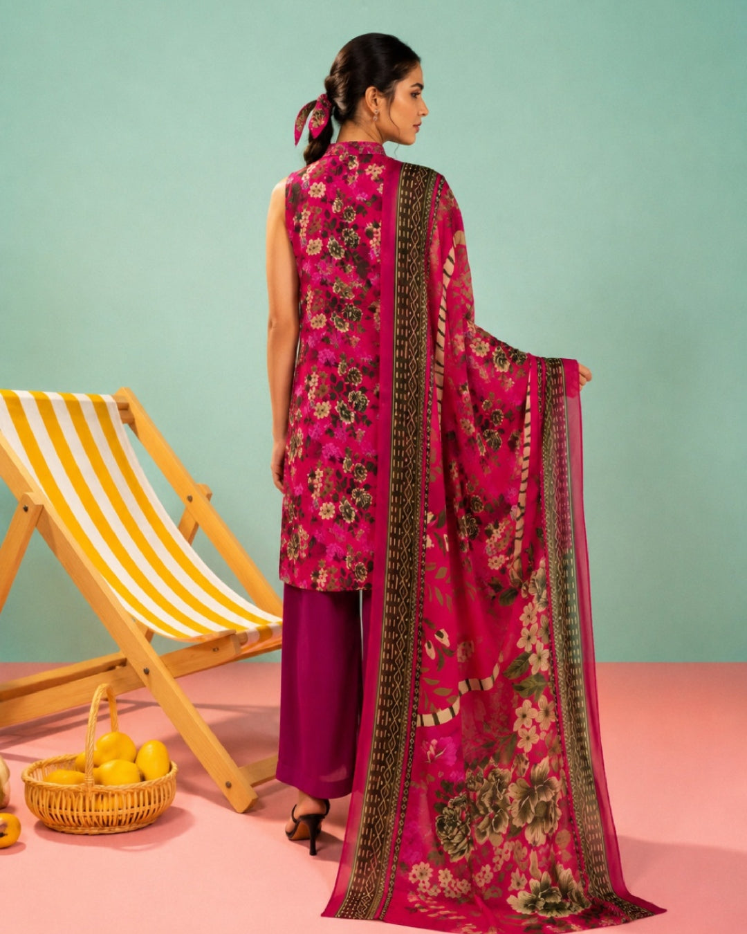3-Piece Printed Linen Winter – Dark Pink Floral