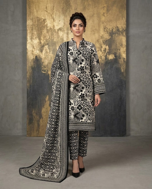 B.S Volume 01 - Printed Lawn 3 Piece Suit (Black & White Monochrome Floral)