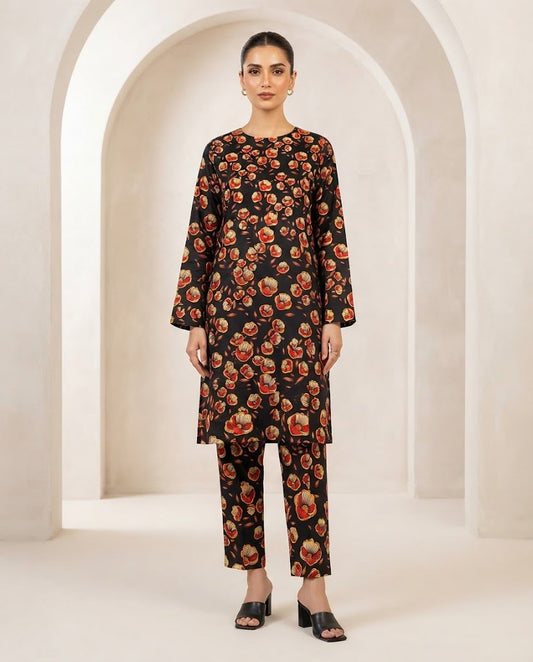 Winter Dynasty Printed 2Pc Cotton – Black Orange Floral