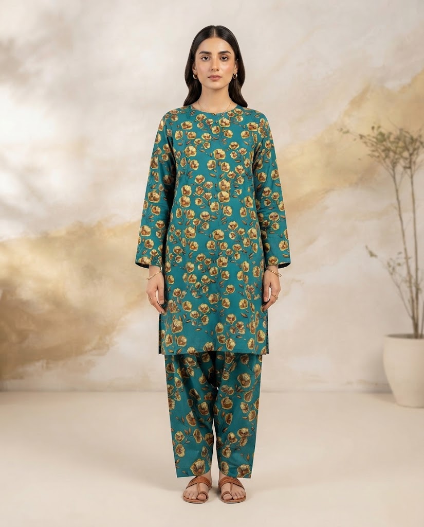 Winter Dynasty Printed 2Pc Cotton – Teal Yellow Floral