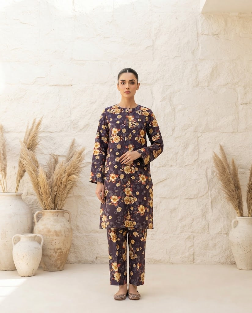 Winter Dynasty Printed 2Pc Cotton – Plum Yellow Floral